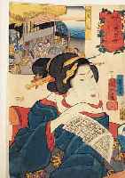 KUNIYOSHI, JAPANISCHER FARBHOLZSCHNITT, UM 1830, SCHAUSPIELERIN, RäNDER BESCHNITTEN,CA. 35,5 X 25 CM