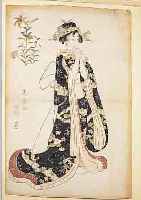 TOYOKUNI, JAPANISCHER FARBHOLZSCHNITT, UM 1810-15, GEISHA IM KIMONO, GEGLäTTETE BUGFALTE, LEICHT GEBRäUNT, RäNDER BESCHNITTEN,CA. 38 X ...