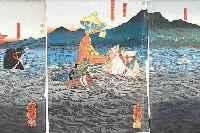 KUNIYOSHI, 1798-1861, JAPANISCHER FARBHOLZSCHNITT, TRIPTYCHON, KäMPFER VERSINKEN IM MEER, JE CA. 36 X 25 CM