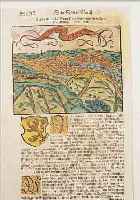 BUCHSEITE MIT KOLORIERTEM HOLZSTICH VON PRAG, DATIERT 1574, CA. 28.5 X 19 CM, PP