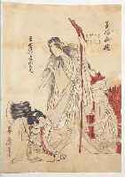 JAPANISCHER FARBHOLZSCHNITT, UM 1790-18, UMKREIS UTAMARO, DARST. EINER HEXE MIT ZWEI KINDERN, RäNDER BESCHNITTEN, ALTERSBEDINGT GE-BRäUNT, ...