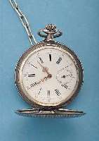 HERRENTASCHENUHR SAVONETTE, SCHWEIZ/DEUTSCH-LAND UM 1910, TULASILBER (BESCH.), MONOGR.- SPIEGEL FREI ROTVERG., EMAILBL., BRüCKENANKER-W., 15 ST., ...