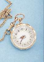 A. DUPONT DAMENANHäNGE/TASCHENUHR, SCHWEIZ UM 1910, GG 750/000, PERF. AUFWEND. EMAILBL. M. GOLD-PIQUET-ARBEIT, GOLDCUV., RäNDER MEHR- FLäCHIG, ...