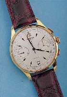 VENUS ARMBANDCHRONOGRAPH, KAL. 188, SCHWEIZ UM 1956, NEUTR. METALLGEH. HARTVERG., EDELST.-BODEN U. GLASR. GEDR., BLATT BEZ. UNIVERSAL GENEVE ...