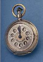 UMLAUFZäHLER VON MAYS, DEUTSCHLAND UM 1930, NICKELGEH. IN FORM EINER TASCHENUHR, ANSCHLUß DREIECK IN BüGELBER., DEZIMALTEILUNG, MASSIV ...