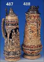 GROßER ZINNDECKELKRUG, DEUTSCH, UM 1900/20, FEINSTEINZEUG, H. 38 CM, FRONT MIT VERLIEBTEN PAAR, RELIEFIERT, ...