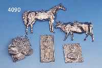 5 VOTIVGABEN, SILBERBLECH, VERSCHIEDENE DARSTELLUNGEN: PFERD, RIND, PUTTENKOPF, MANN UND FRAU, H BIS CA. 14.5 CM