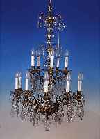 DECKENLEUCHTER, DEUTSCH, UM 1900/20, GLAS UND MESSING, H.110 CM D: 65 CM, 15 BRENNSTELLEN, REICHES GEHäNGE, ...