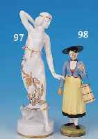 PORZELLANFIGUR, NYMPHENBURG, UM 1860, FRAU IN TRACHT MIT FASS, BUNTE BEMALUNG, H. 16,5CM,L. REST.