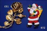 KONV. 2 WEIHNACHTSBROSCHEN, USA CA. 1960/65, 1X WEIHNACHTSMANN SIGN. MIRACLE, METALL VERGOLDET, BUNTER UND FARBLOSER STRAßBESATZ, BUNTSTAFFIERT, ...