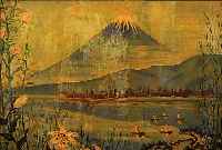 GUILLEAUME, TH., 20. JH., ÖL/LWD., 66 X 68 CM, JAPANISCHE LANDSCHAFT MIT FUJI- DARSTELLUNG, STARK VERSCHMUTZT, REINIGUNGS- BEDüRFTIG
