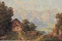 PRöLS, HANS, *1888 MüNCHEN, WIRKTE IN GAR- MISCH, BLICK AUF DIE ZUGSPITZE, IM VORDERGRUNDHüHNER VOR BAUERNHAUS, ÖL/ HARTFASER, SIGN., VERSO ...
