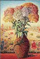 SLADCZYK, KüNSTLER DES 19./20. JH., PRACHT- VOLLER CHRYSANTHEMENSTRAUSS IN VASE MIT ECHSENMOTIV VOR JAPANISCHER PHANTASIELAND- SCHAFT MIT ...