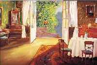 VöLLKOPF, E., BERLINER KüNSTLER 19./20. JH, STIMMUNGSVOLLES ZIMMERINTERIEUR MIT BLICK DURCH DIE GEöFFNETE VERANDATüR, ...