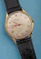 CHRONOS HERRENARMBANDUHR, HAMMERAUTOM., REF.NR. 15326, SCHWEIZ UM 1949, MET. VERG. BER., EDELST.-BOD. U. GLASR. AUFGEDR., BLATT FL., 17 ST., BEZ. ...
