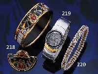 SCHMUCKSET, ÖSTERREICH, WIEN, 20.JH., ENTWURF UND HERSTELLUNG ATELIER MICHAELA FREY,METALL 24KT HARTVERGOLDET, MEHRFACHER EMAIL- AUFTRAG ...