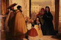 UNBEKANNTER MALER, SPANIEN, 19. JH., BITTSTELLER BEIM BISCHOF, ÖL/MALKARTON, FEINE LASIERENDE MALEREI, CA. 38 X 27 CM, R.