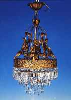 DECKENLüSTER, WOHL BöHMEN, 60ER JAHRE, EISENFASSUNG MIT BLUMENDARSTELL., H. 70 CM, D. 30 CM, EINE BRENNSTELLE