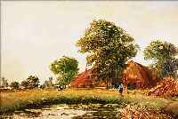 COUNE, JEAN, 1900 - 1963 DüSSELDORF, ÖL/LWD. 70 X 80 CM, BAUERNGEHöFT MIT BäUERIN UND TIEREN, SIGNIERT