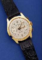 TRANSMARINE ARMBANDCHRONOGRAPH, SCHWEIZ UM 1960, 585ER GG, EDELSTAHLB. U. GLASR. AUFGEDR.UNGETR. LAGERWARE, LEDERB., MATT VERS. BLATT, 45 MIN. ...