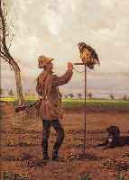 WERNER, ALEXANDER, FRIEDRICH, *1907, ÖL/ HOLZ, 26.5 X 20 CM, FALKNER MIT UHU U. JAGD- HUND, LI. UNTEN SIGNIERT, RAHMEN, FEINE QUALI-TäT,REICHE ...