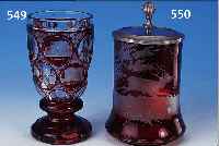 BIERKRUG, BöHMEN, DAT. 1861, FARBLOSES GLAS, RUBINIERT, GRAVIERTER JAGD- DEKOR, HIRSCH IN WALDLANDSCHAFT, ZINNMONTUR, BEZ. U. ...