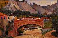COLUCCI, E.M., STADTANSICHT MIT BRüCKE UND BURG, ÖL/MALKARTONRE. U. SIGN., CA. 33 X 42 CM, R.