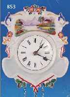 PORZELLAN-SCHILDERUHR, SCHWARZWALD, UM 1880/ 1900, FLORAL BEMALTES PORZELLANSCHILD MIT LANDSCHAFTSSZENE (EIN SPRUNG), EMAILZIFFER- BLATT (MIN. ...