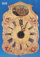 SCHILDERUHR MIT WECKER, SCHWARZWALD UM 1880/ 1900, FLORAL BEMALTES SCHILD IN SOG. BAROCK-FORM, IM GIEBEL STADTANSICHT, HOLZPLATINEN- WERK, 1 TüR ...