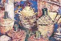 BELDER, RIENK HENDRIK, 1910-1986 AMSTERDAM, STILLEBEN MIT KORBFLASCHEN, ÖL/MALKARTON, LI. U. SIGN., CA. 29 X 39 CM, R.