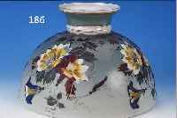 MILCHGLASSCHIRM, FRIESLAND, UM 1890, FüR EINE DECKENPETROLEUMLAMPE, BUNT FLORAL BEMALT, LEICHT BERIEBEN, H. CA. 23.5 CM, D. CA. 35 CM