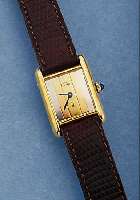 CARTIER DAMENARMBANDUHR TANK, SCHWEIZ UM 1976, SILBER M. GG-AUFLAGE, BOMB. MINERALGL., SCHMUCKKRONE, TRICOLORZIFFERBL., BODEN 4-FACH SEITL. ...