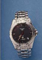 TISSOT HERRENARMBANDUHR AUTOQUARTZ/PR100, SCHWEIZ UM 1998, EDELST., EDELST.-BAND, TEILW.POL., BEIDS. SAPHIRVERGL., BODEN U. KRONE GE- SCHR., BEI ...