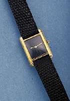 CARTIER DAMENARMBANDUHR TANK, SCHEIZ UM 1985, STERLINGSILBER, GG-AUFLAGE, HIGH-TECH- QUARTZWERK, SCHMUCKKRONE, ORIG.-LEDERB., BODENSEITL. ...