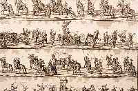 KONVOLUT VON 5 BLATT, MIT SCHöNEN PFERDE- DARSTELLUNGEN AUS GEORG. ENGELHARD V. LöHEISEN, HOF-KRIEGS- U. REITSCHUL NüRNBERG 1729: 1.) ...