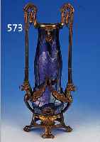 VASE, ÖSTERREICH, PALLME-KöNIG, UM 1900, VIOLETTES GLAS MIT BUNTEN AUFSCHMELZUNGEN, MEHRFACH LüSTRIERT, BRONZEPATINIERTE METALL- ...