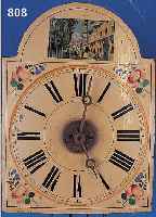 SCHILDERUHR MIT WECKER, SCHWARZWALD UM 1880/ 1900, FLORAL BEMALTES BOGENZIFFERBLATT, IM GIEBEL ORIENTALISCHE STRAßENSZENE, HOLZPLATI- NENWERK, ...