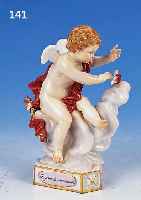 PORZELLANFIGUR, MEISSEN, UM 1870/80, DEVISENKIND, ENTWURF 1775 ACIER, SCHöNE BUNTE BEMALUNG, GOLDSTAFFAGE, REST., H. CA. 14 CM
