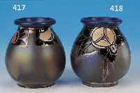 VASE, FRANKREICH, SIGN. BAROL, UM 1910, KERAMIK, LüSTRIERT, VIER KARTUSCHEN MIT BUNTER ABSTRAKTER EMAILMALEREI, H. CA. 8 CM