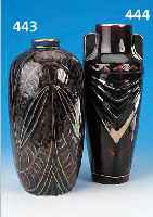 VASE, THARAUD LIMOGES, UM 1930, PORZELLAN, BEMALT MIT BLAUEN UND GRüNEN STREIFEN SOWIE PARTIELL MIT BRAUNER LAUFGLASUR, GOLDSTAFFAGE BERIEBEN, ...