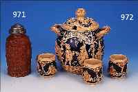 BOWLESET, GEMARKT BZ, 30/40ER J., STEINGUT, BEST. AUS BOWLE U. 8 HENKELBECHERN, WANDUNGEN REICH RELIEFIERT U. BLAU GLASIERT, UMLAUFENDERDEKOR VON ...