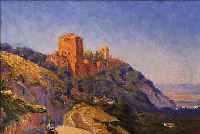 KNUTSEN, KNUD HERNOD, *1900 - 1967, SKANDINAVISCHER KüNSTLER, HIER: ESELREITER IN SONNIGER LANDSCHAFT BEI GRANADA,FARBLICH ...