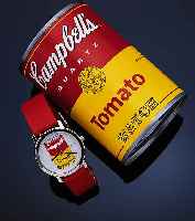 KüNSTLERUHR NACH ANDY WARHOL, MIT MOTIV CAMPBELLS TOMATO SOUP, QUARTZWERK IN NACH- EMPFUNDENER DOSE, UHR MIT ROTEM LEDERBAND UND RUNDEM ...