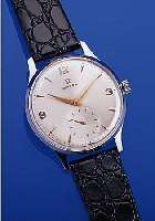 OMEGA HERRENARMBANDUHR, SCHWEIZ UM 1951, NEUTR. METALLGEH. VERCHROMT, AUF KD. WUNSCH BEIDSEITIG VERGLAST, BLATT REST., WERK VERG., 17 STEINE, ...