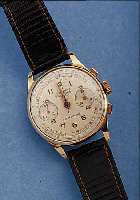 TEMPORIS ARMBANDCHRONOGRAPH, SCHWEIZ UM 1942, RG 750/000, BODEN U. GLASR. GEDR., ORIG.-BLATT L. FL., 17 ST., HANDAUFZUGKAL. LANDERON 48, ...