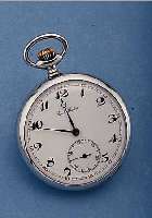 PAUL BUHRE HERRENTASCHENUHR OFFEN, SCHWEIZ UM 1938, NICKEL VERCHR., PERF. EMAILBL. SIGN.,AUßEN ROT 13-24, BRüCKENANKERW., VERN., STREI-FENSCHL., ...