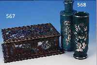 DECKELDOSE, TIFFANY, UM 1900, MALACHITGLAS, KUPFERGEHäUSE, 8.5 X 24 X 18 CM,GLAS MEHRFACH GESPRUNGEN, OXIDIERT SEITLICH ...