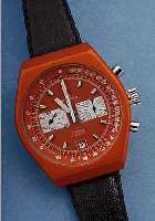 HERZFELD ARMBANDCHRONOGRAPH, SCHWEIZ UM 1974, METALLGEH. ORANGE MATT., EDELST.-BODEN GESCHR., BEI FERTIGST. WASSERGESCHR., MINERAL-FLACHGL., ...