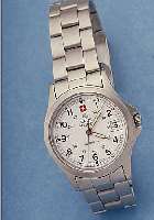 SWISS MILITARY HERRENARMBANDUHR, MATT. EDEL-ST.-GEH. U. EDELST.-BAND, BODEN U. KRONE VER- SCHR., BEI FERTIGST. WASSERD., KONTRASTZIFFER-BL. M. ...