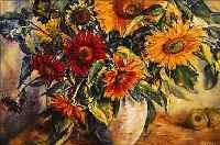 ELLINGER, H. J., SüDDEUTSCHER KüNSTLER MITTE 20. JH., STILLEBEN MIT SONNENBLUMEN, ÖL/LWD. (L. ALTERSSPUREN), SIGN. U. DAT. (19)46, ...